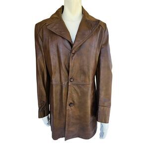 Vintage Reed Sportswear Leather Car Coat Men’s 42 Brown Button Overcoat Jacket